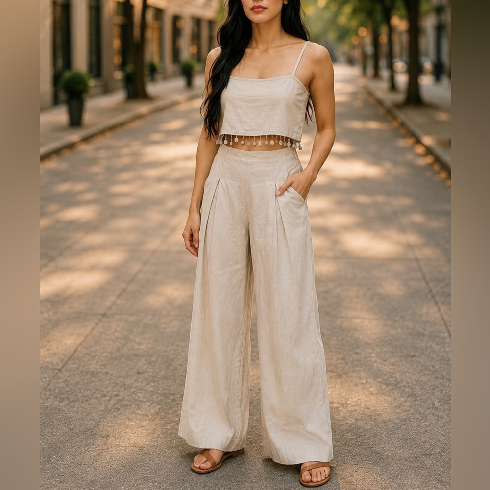 New Jason Wu High-Waist Wide-Leg Linen Pants Seashell Tank top - Cream Sz 4 Set